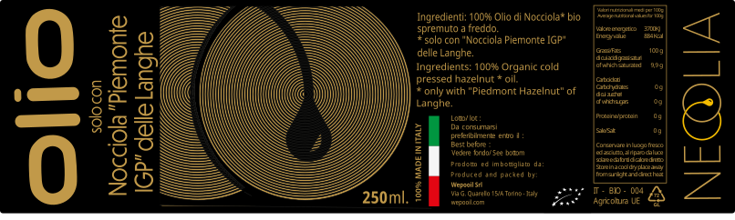 "Piemonte IGP" hazelnut oil from the Langhe, 250 ml.